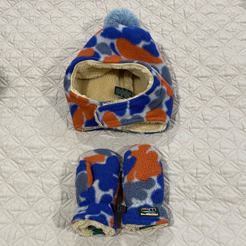 L.L. Bean Kids Fleece Hat and Mittens - Blue, Orange, and Cream